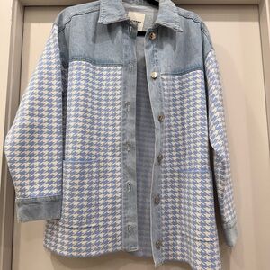 Sandro Blue and White Houndstooth Denim Jacket
